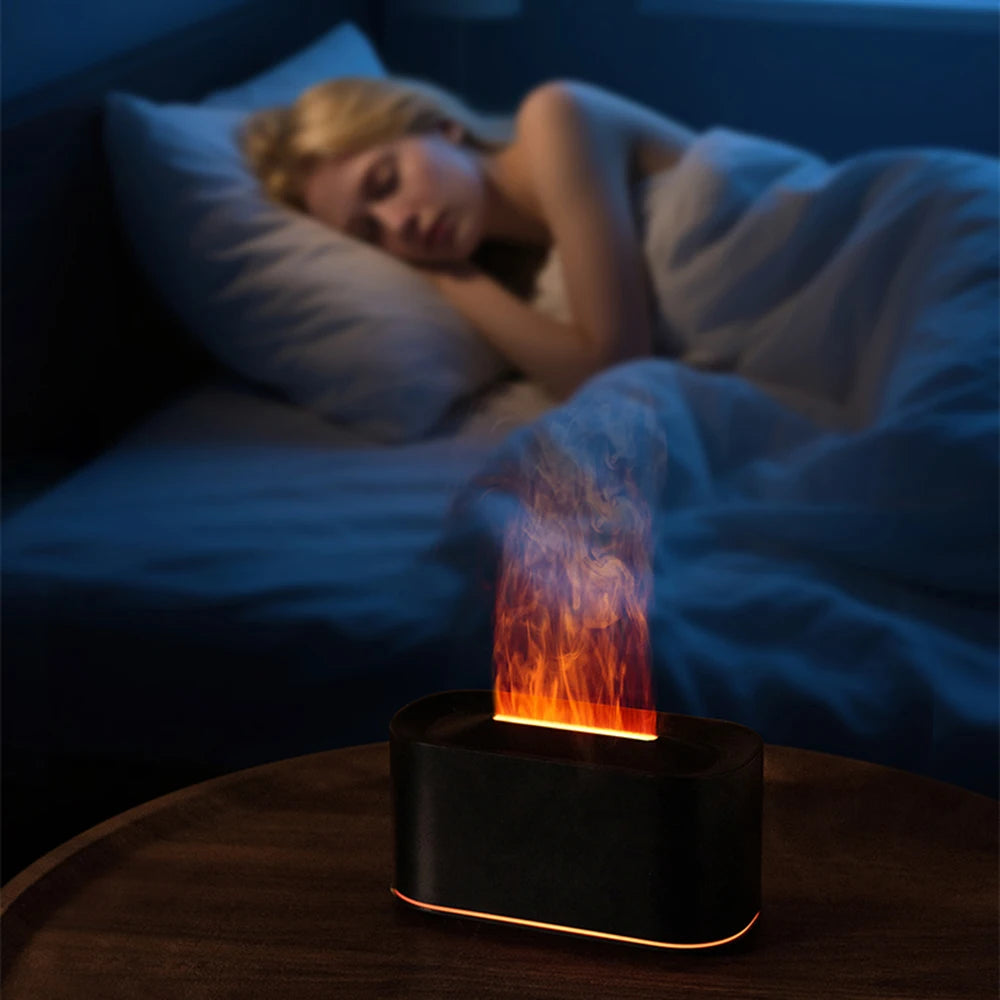 Diffuseur effet flamme allumé dans une chambre le soir